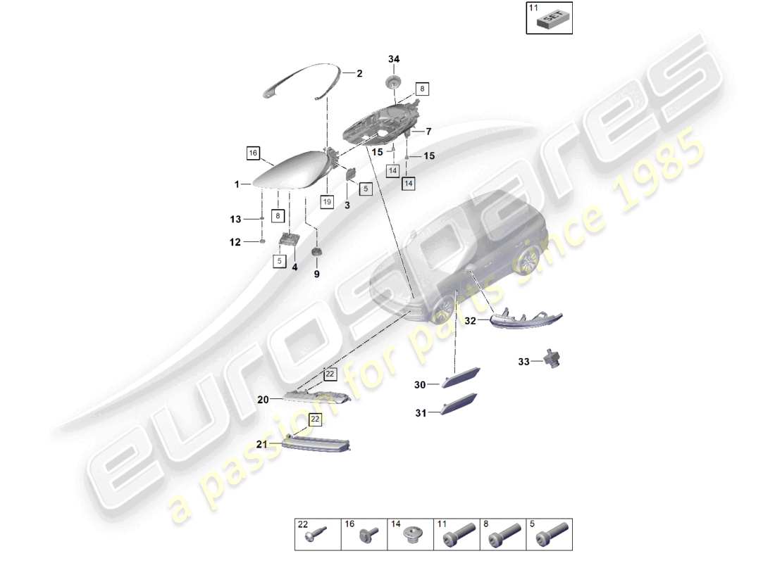 porsche 2024 (cayenne e3 9ya/9yb) faro led repetidor de señal de giro luces antiniebla diagrama de piezas