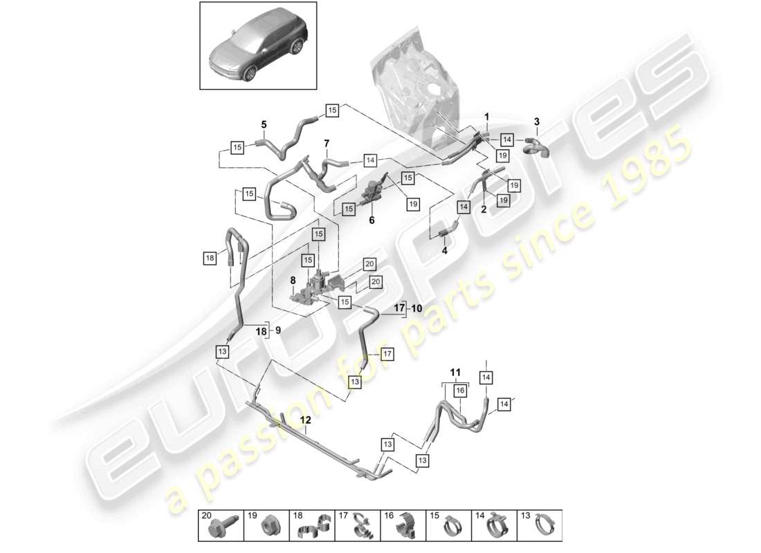 porsche 2023 (cayenne e3 9ya/9yb) calentador v8 circuito de alta temperatura delantero para vehículos con propulsión híbrida diagrama de piezas