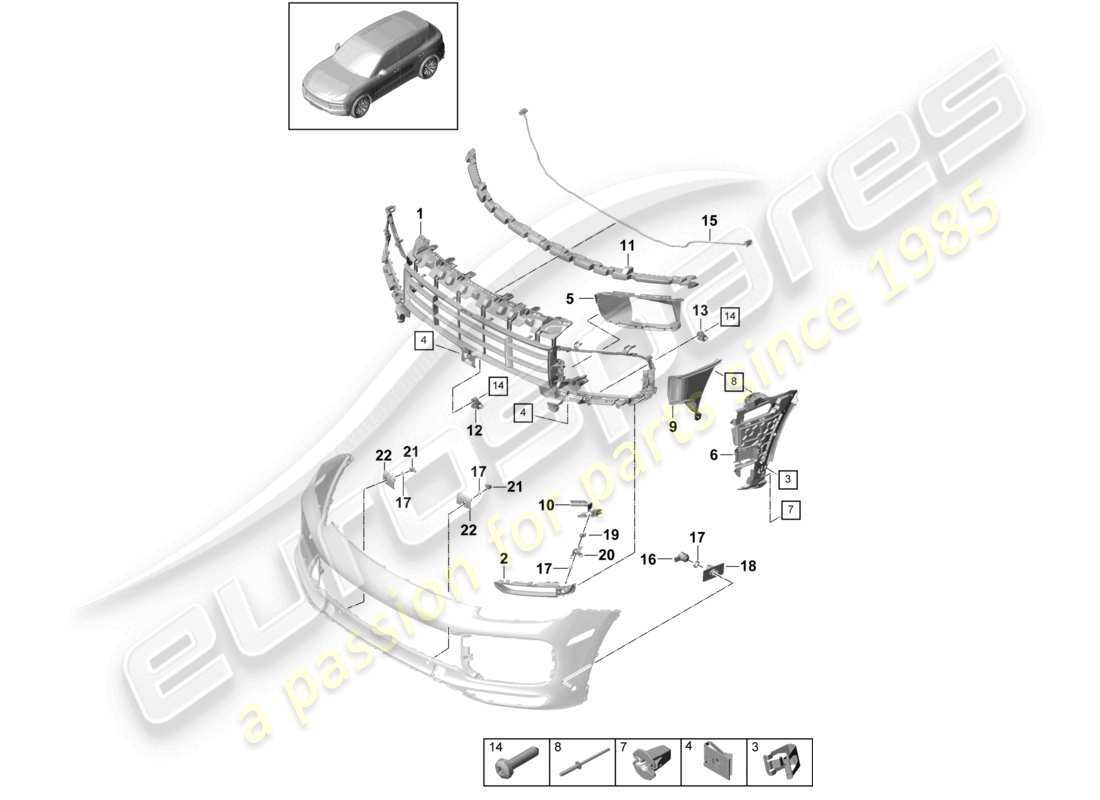 porsche 2023 (cayenne e3 9ya/9yb) diagrama de piezas de parachoques turbo, piezas individuales y sujetadores