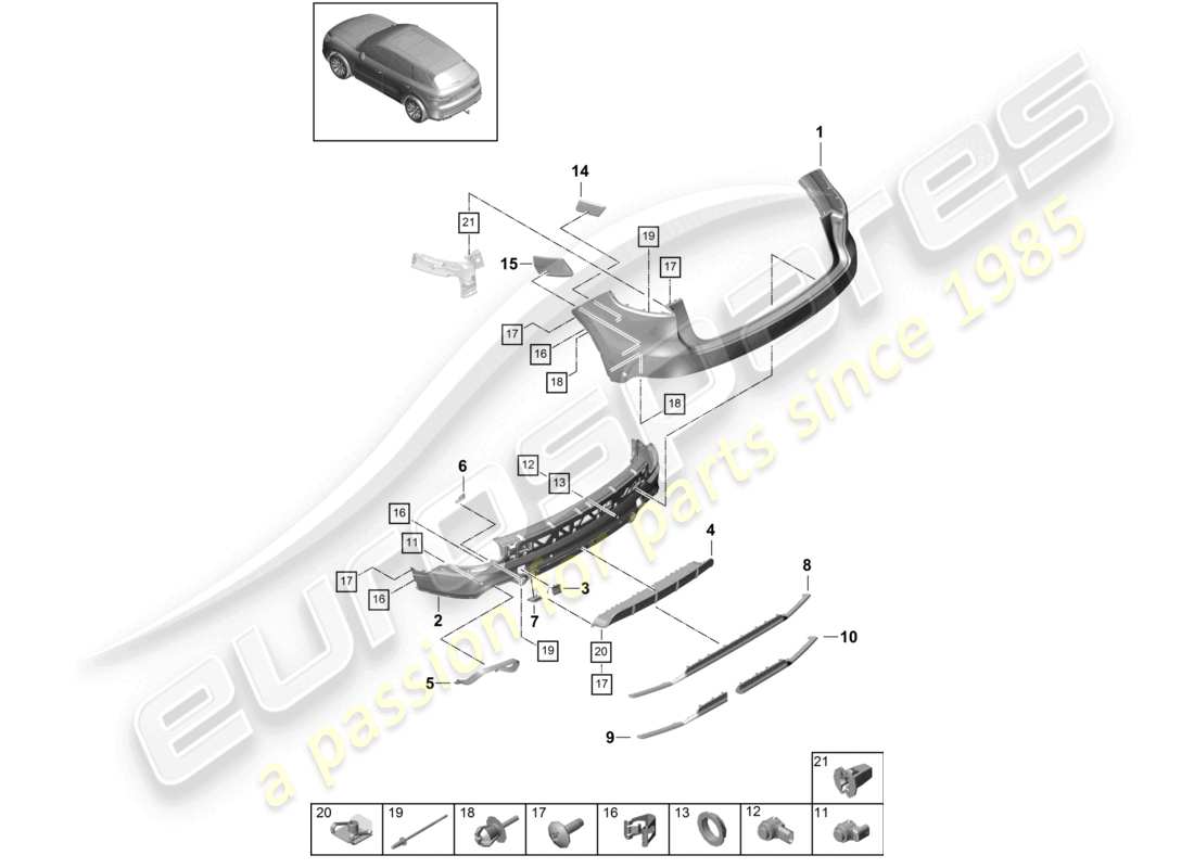 porsche 2022 (cayenne e3 9ya/9yb) diagrama de piezas básico del paquete sport design del parachoques trasero