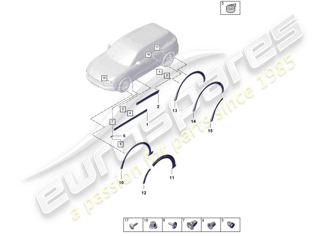 porsche 2022 (cayenne e3 9ya/9yb) diagrama de piezas exterior de la cubierta del paso de rueda inferior del coupé