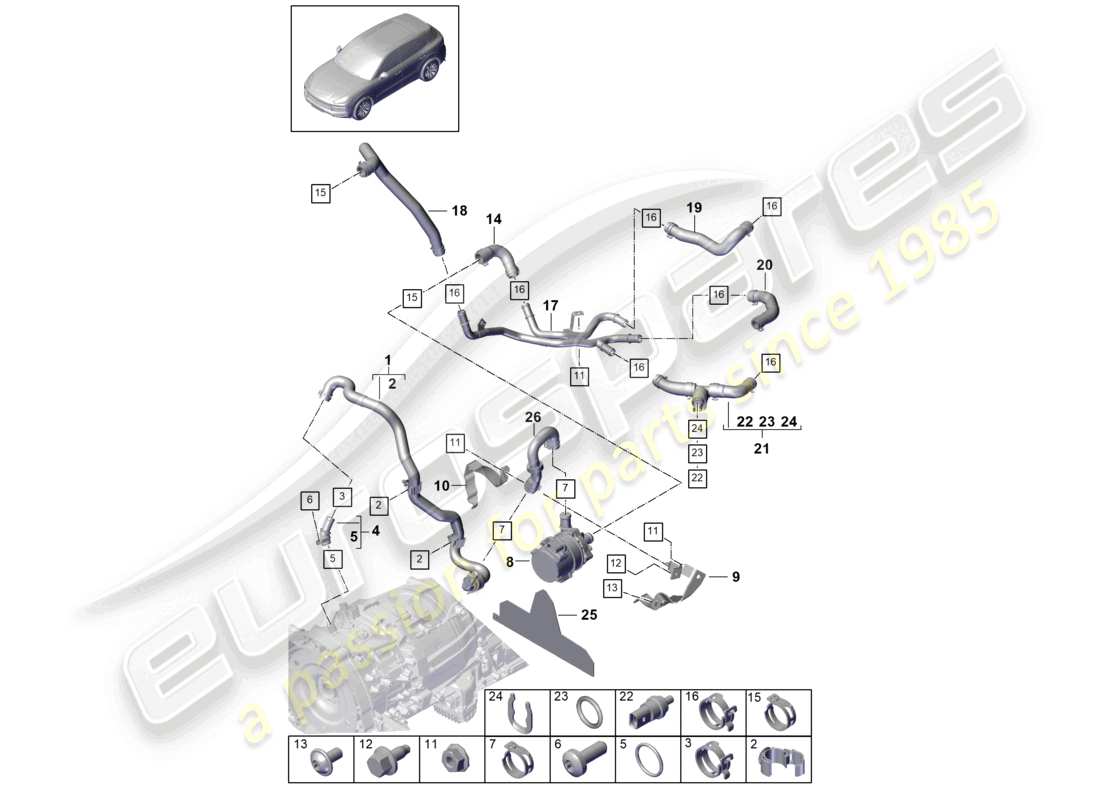 porsche 2024 (cayenne e3 9ya/9yb) diagrama de piezas de las mangueras del sistema de enfriamiento del refrigerante
