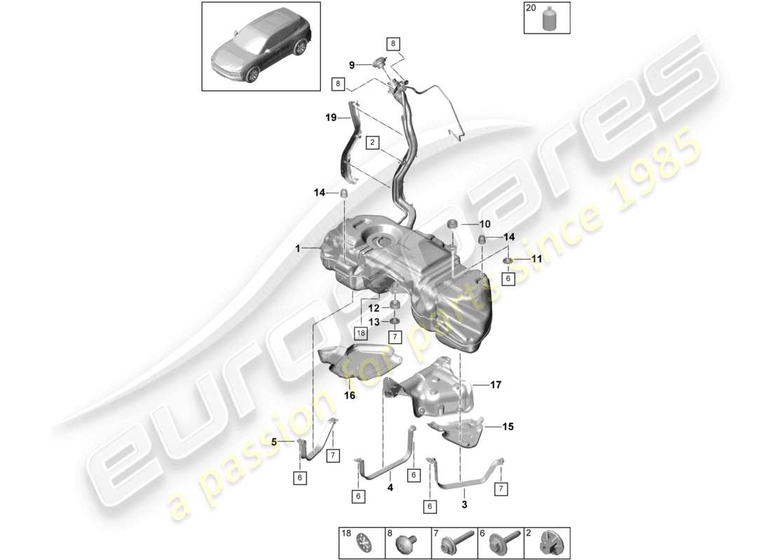 porsche 2022 (cayenne e3 9ya/9yb) tanque de combustible con accesorios diagrama de piezas