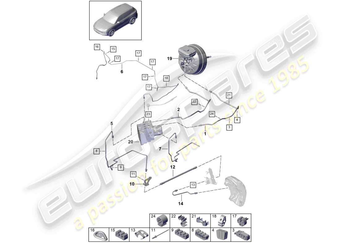 porsche 2024 (cayenne e3 9ya/9yb) diagrama de piezas de la línea de freno del extremo delantero