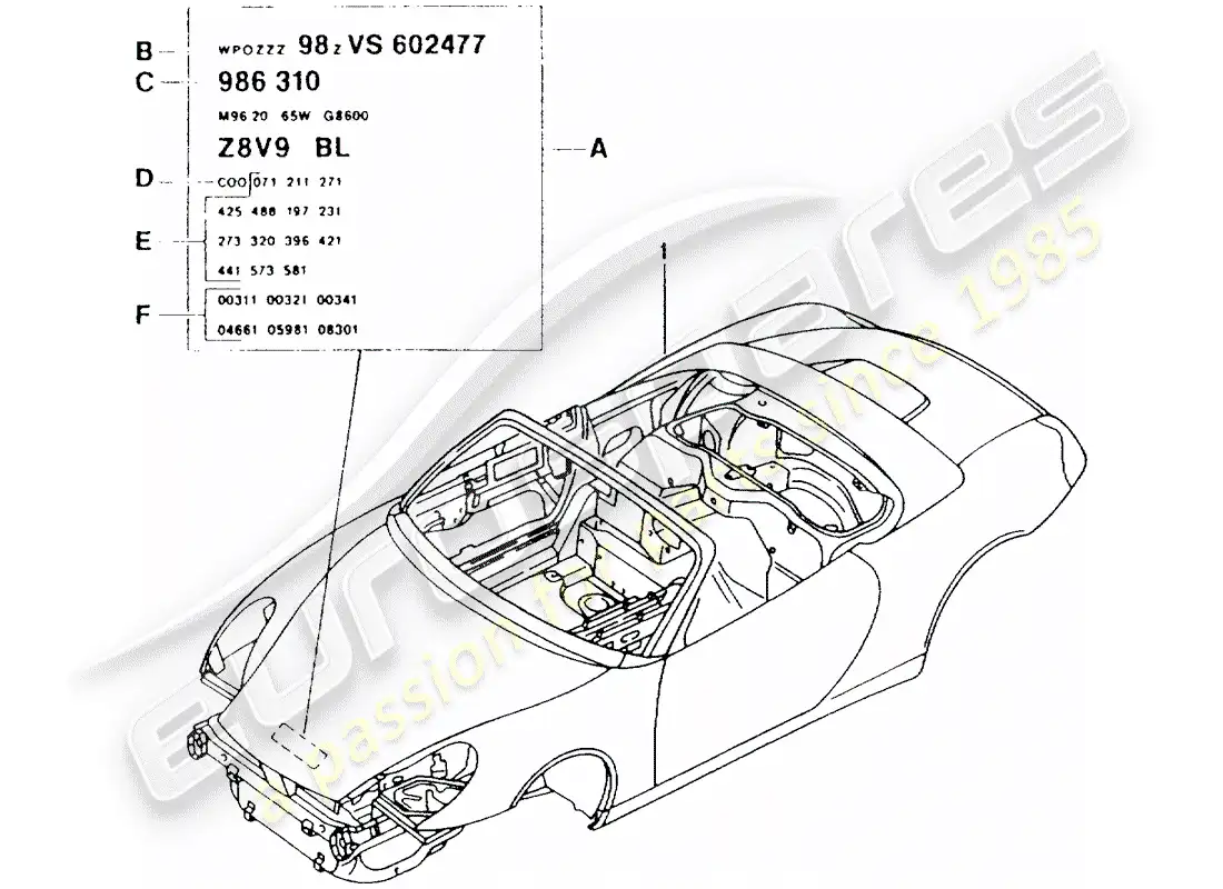 porsche 2004 (986 boxster) cuerpo del auto diagrama de piezas