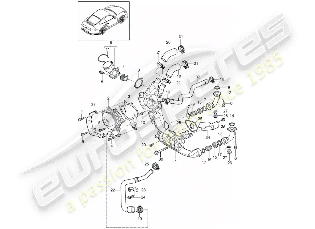 porsche 2011 (997-2 turbo / gt2 rs) diagrama de piezas de la bomba de agua