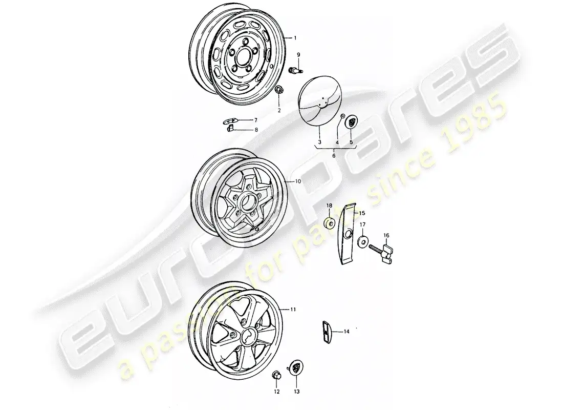 porsche 1975 (911 turbo) ruedas diagrama de piezas