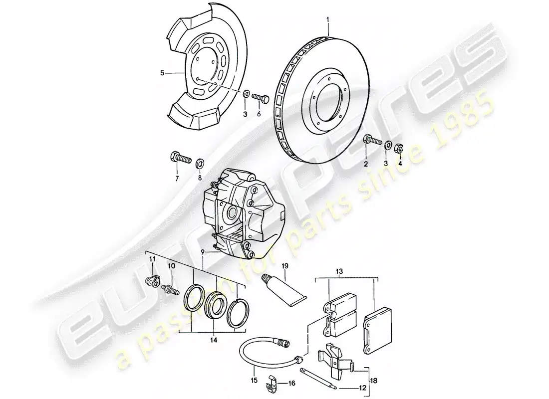 porsche 1989 (911) freno - diagrama de piezas del eje delantero