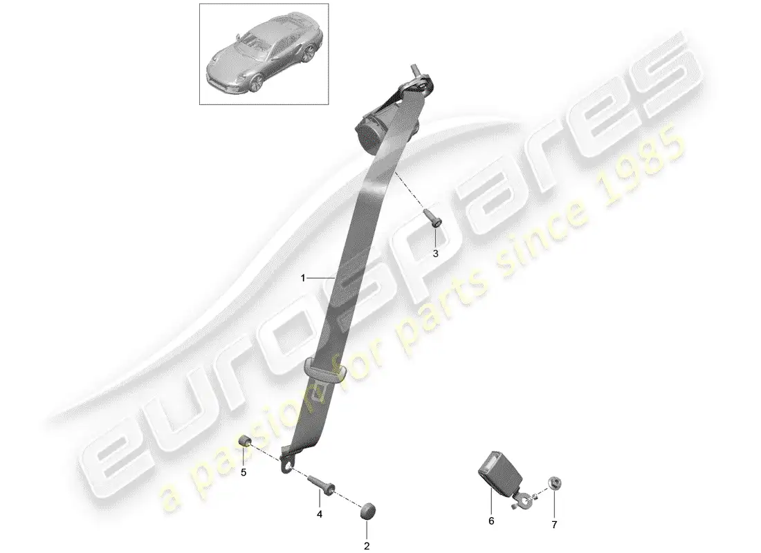 porsche 2016 (991-1 turbo) cinturón de seguridad de tres puntos diagrama de piezas