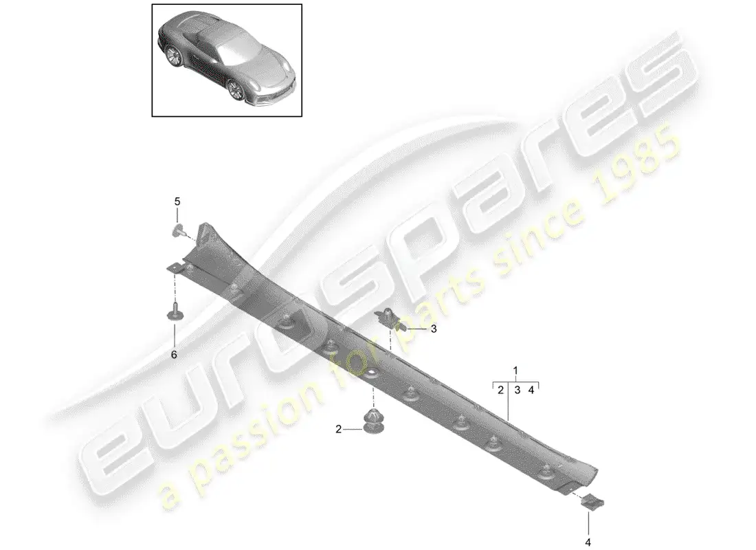 porsche 2018 (991-2 r/gt3/rs) moldura de larguero diagrama de piezas