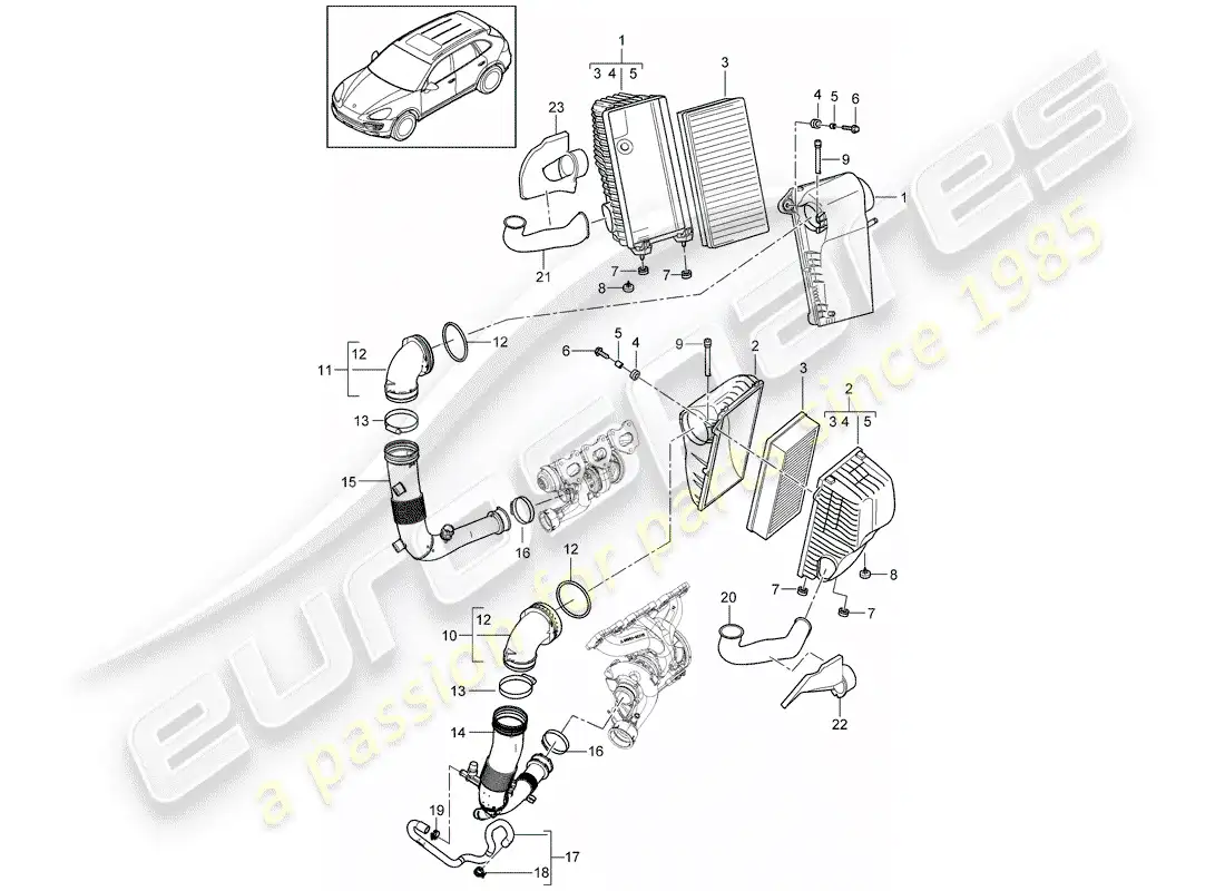 porsche 2013 (cayenne e2 92a) filtro de aire con conexión diagrama de piezas