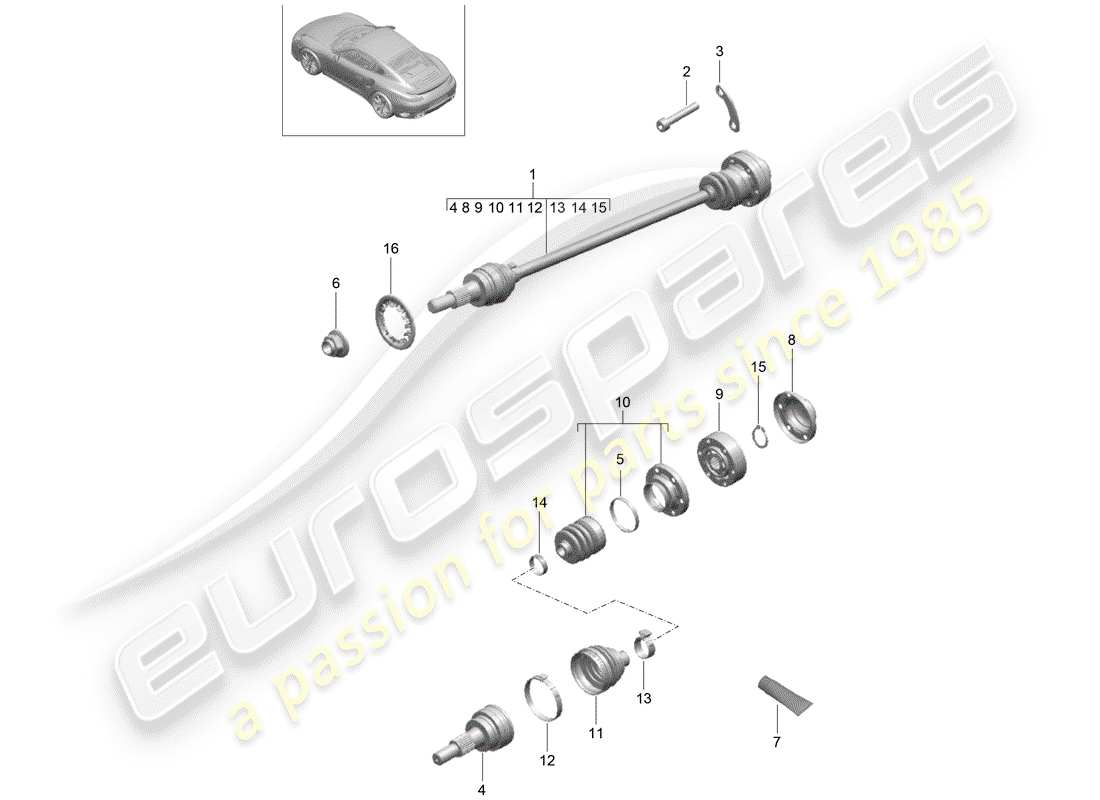 porsche 991 turbo (2018) diagrama de piezas del eje de transmisión