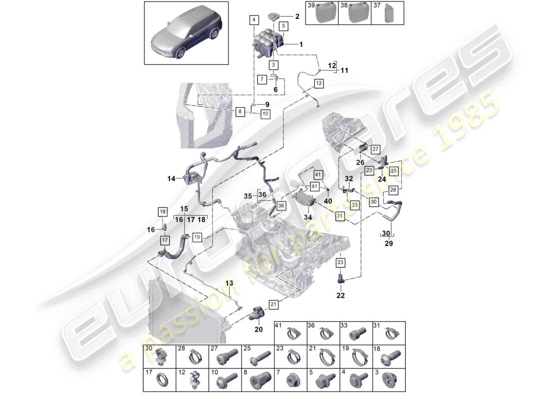 porsche 2022 (cayenne e3 9ya/9yb) sistema de enfriamiento de refrigerante tanque de expansión de refrigerante diagrama de piezas de la tubería de refrigerante