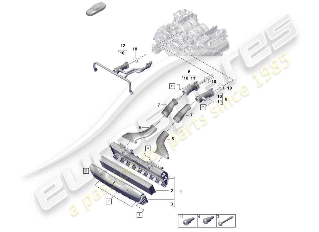 porsche 2025 (panamera 976) diagrama de piezas de la carcasa del filtro de aire, manguera de admisión y colector de admisión