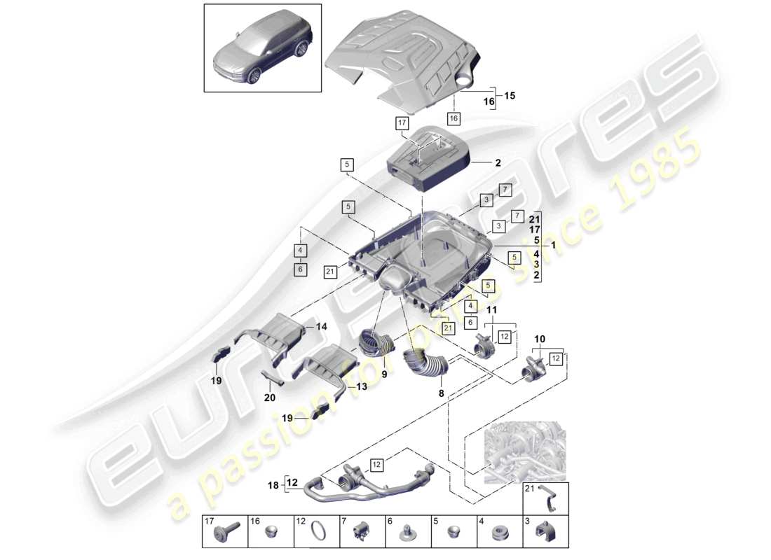 porsche 2024 (cayenne e3 9ya/9yb) filtro de aire con piezas de conexión diagrama de piezas de la cubierta del motor