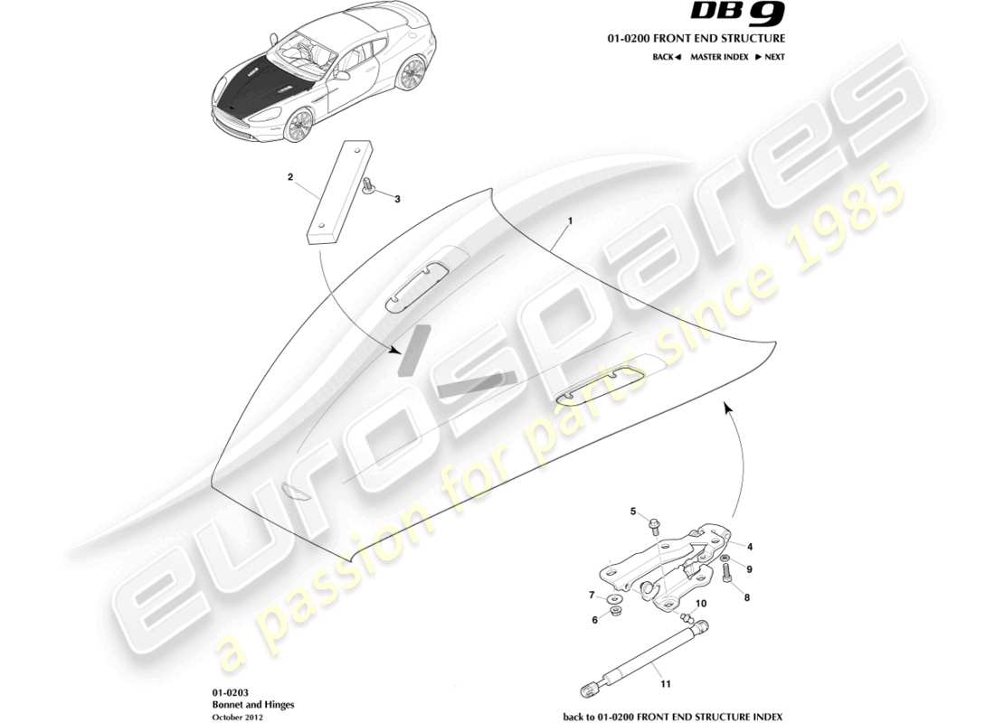 aston martin db9 (2016) diagrama de piezas del capó y las bisagras