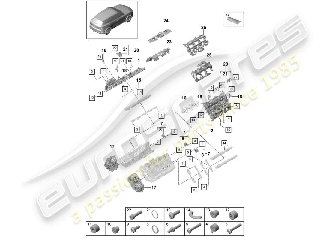 porsche 2024 (cayenne e3 9ya/9yb) diagrama de piezas de accesorios del amortiguador de sonido de la tapa de la culata