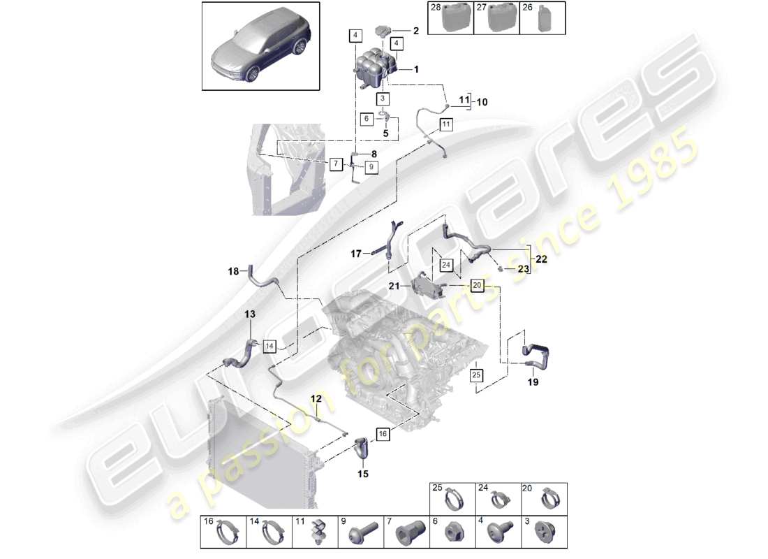 porsche 2024 (cayenne e3 9ya/9yb) sistema de enfriamiento de refrigerante tanque de expansión de refrigerante diagrama de piezas de la tubería de refrigerante