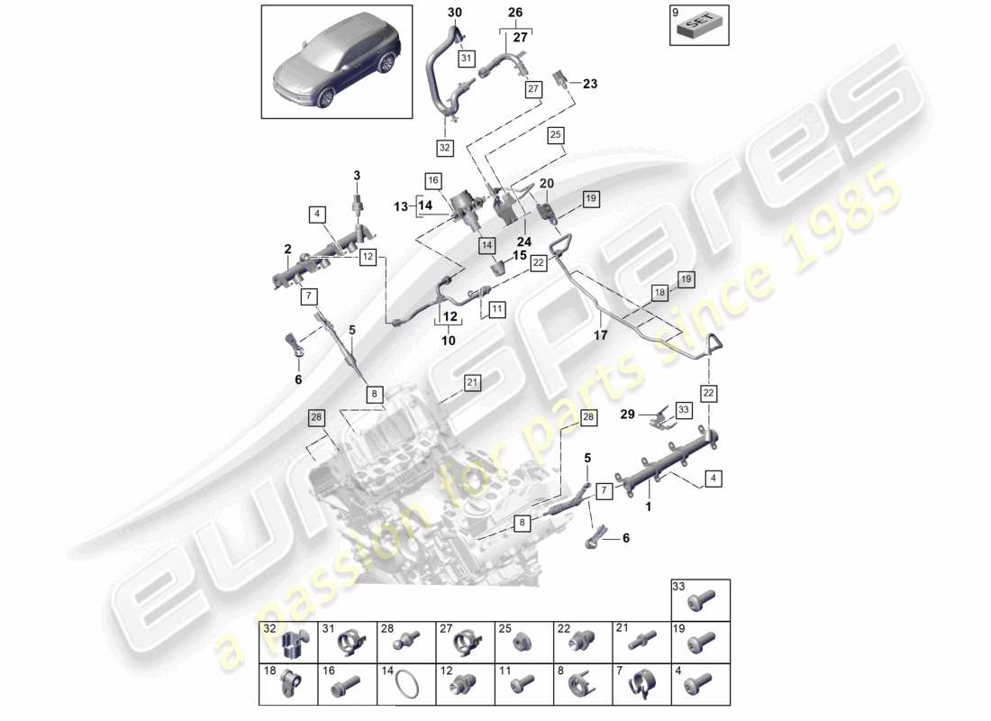 porsche 2024 (cayenne e3 9ya/9yb) diagrama de piezas de la bomba de alta presión del inyector de alta presión del tubo de recolección de combustible