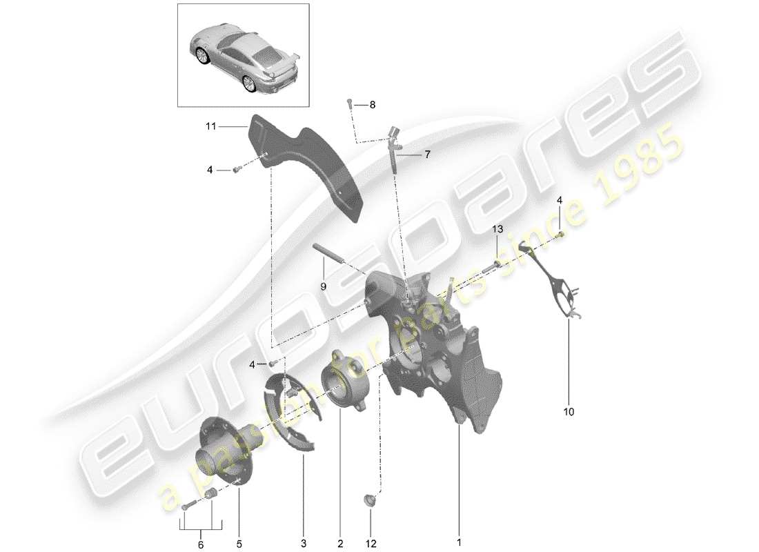 porsche 991 turbo (2018) diagrama de piezas del portador de ruedas