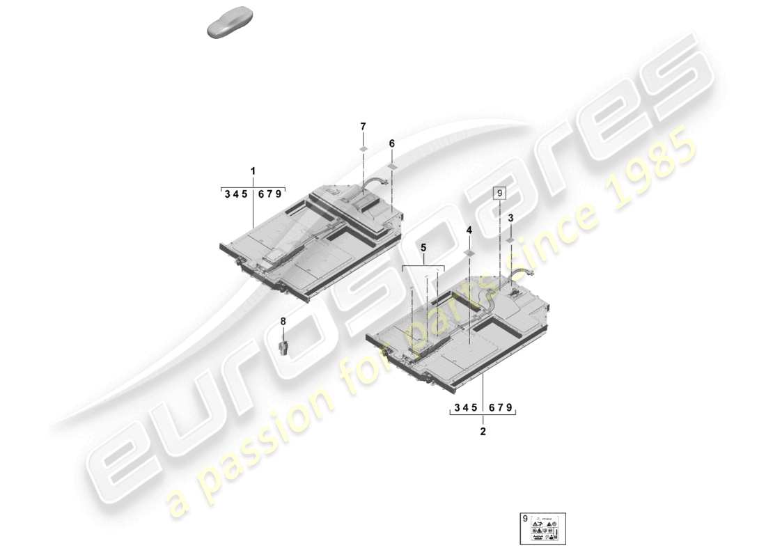 porsche 2025 (taycan 9j1-2) batería de repuesto accionamiento eléctrico aviso diagrama de piezas