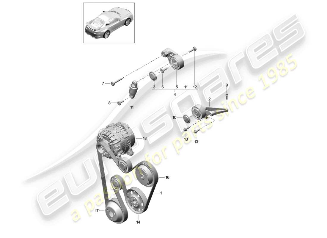 porsche 2021 (991-2 r/gt3/rs) diagrama de piezas del amortiguador del tensor de correa de correa poli v