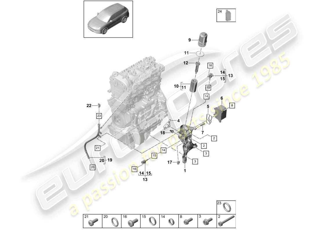 porsche 2024 (cayenne e3 9ya/9yb) diagrama de piezas del enfriador de aceite de la consola del filtro de aceite