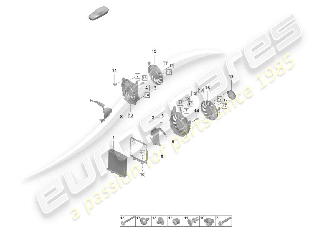 porsche 2021 (taycan 9j1-1) diagrama de piezas del radiador de refrigerante con ventilador del radiador