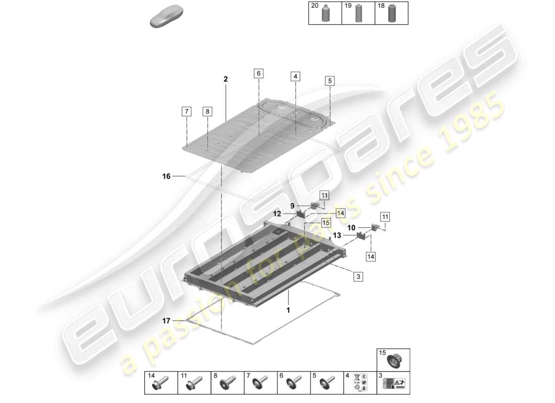 porsche 2025 (macan-e) diagrama de piezas de la carcasa de la batería de alto voltaje