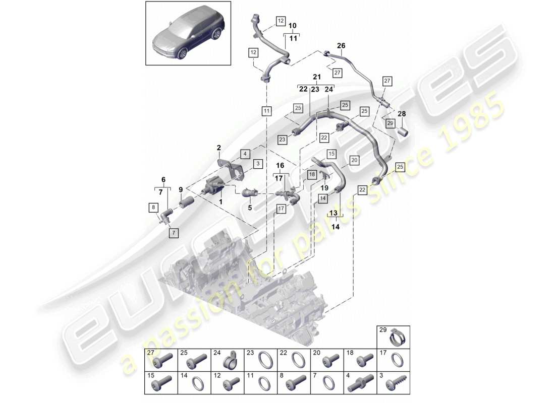 porsche 2022 (cayenne e3 9ya/9yb) diagrama de piezas del sistema de refrigeración del refrigerante