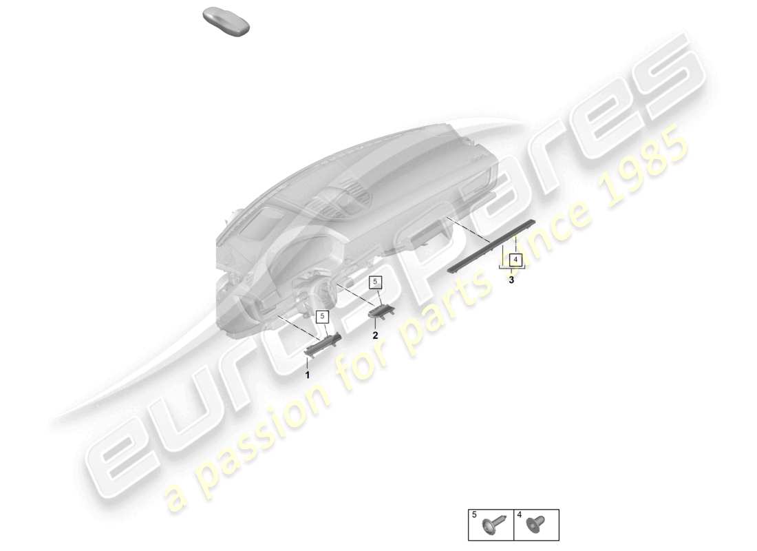 porsche 2025 (panamera 976) diagrama de piezas de las molduras inferiores de las piezas de fijación del panel del tablero