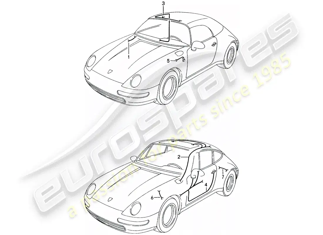 porsche 1995 (993) mazo de cables - luz del maletero - techo solar - mando del capota cabotable - puerta del conductor - puerta del pasajero - repetición de intermitentes - sistema de freno antibloqueo -abdominales- diagrama de piezas