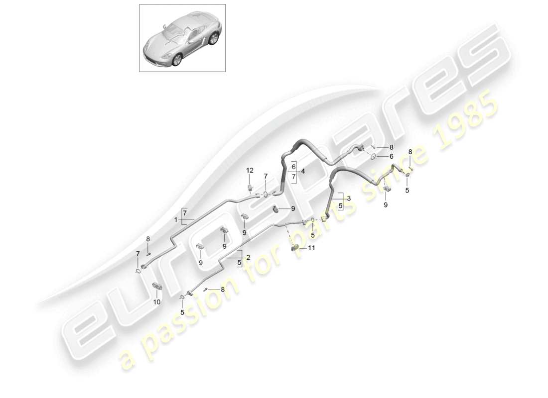 porsche 2023 (718 cayman) diagrama de piezas del circuito de refrigerante de la parte inferior y trasera