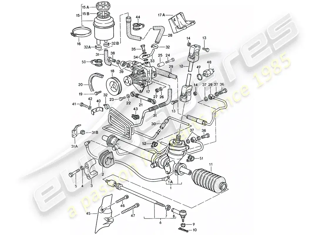 porsche 1988 (944) dirección asistida - engranaje de dirección - bomba de dirección asistida - líneas diagrama de piezas