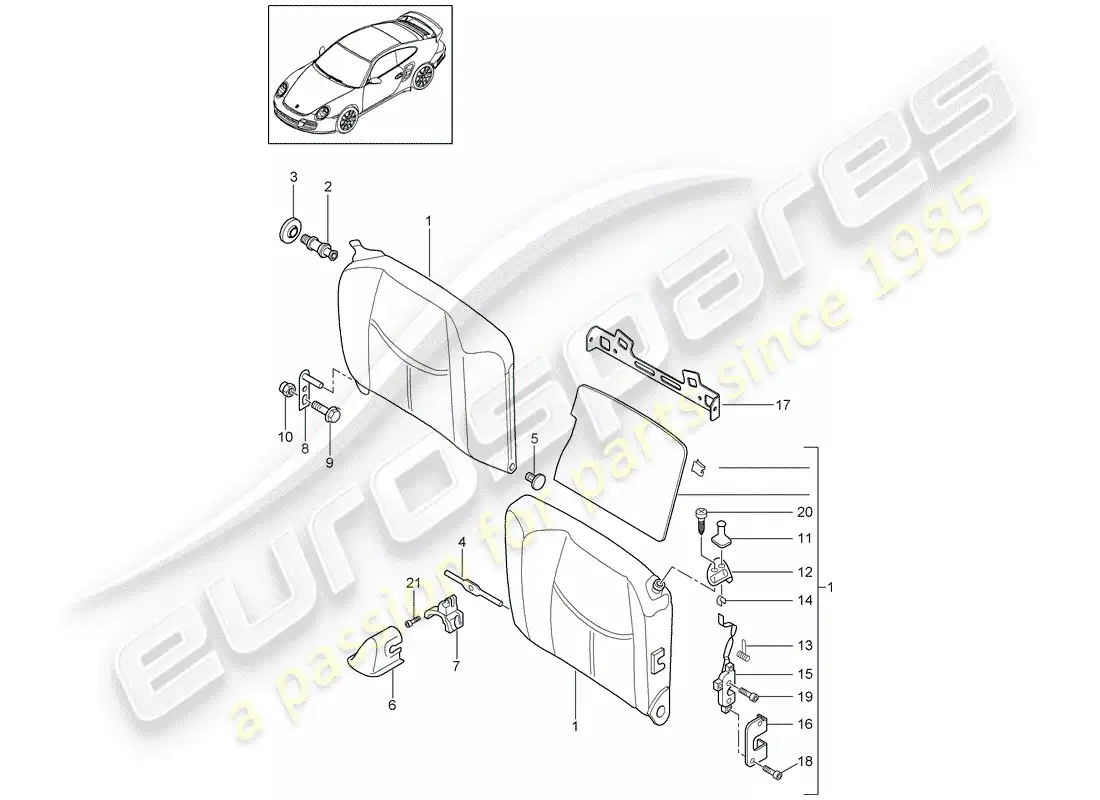 porsche 2013 (997-2 turbo / gt2 rs) respaldo del asiento de emergencia diagrama de piezas
