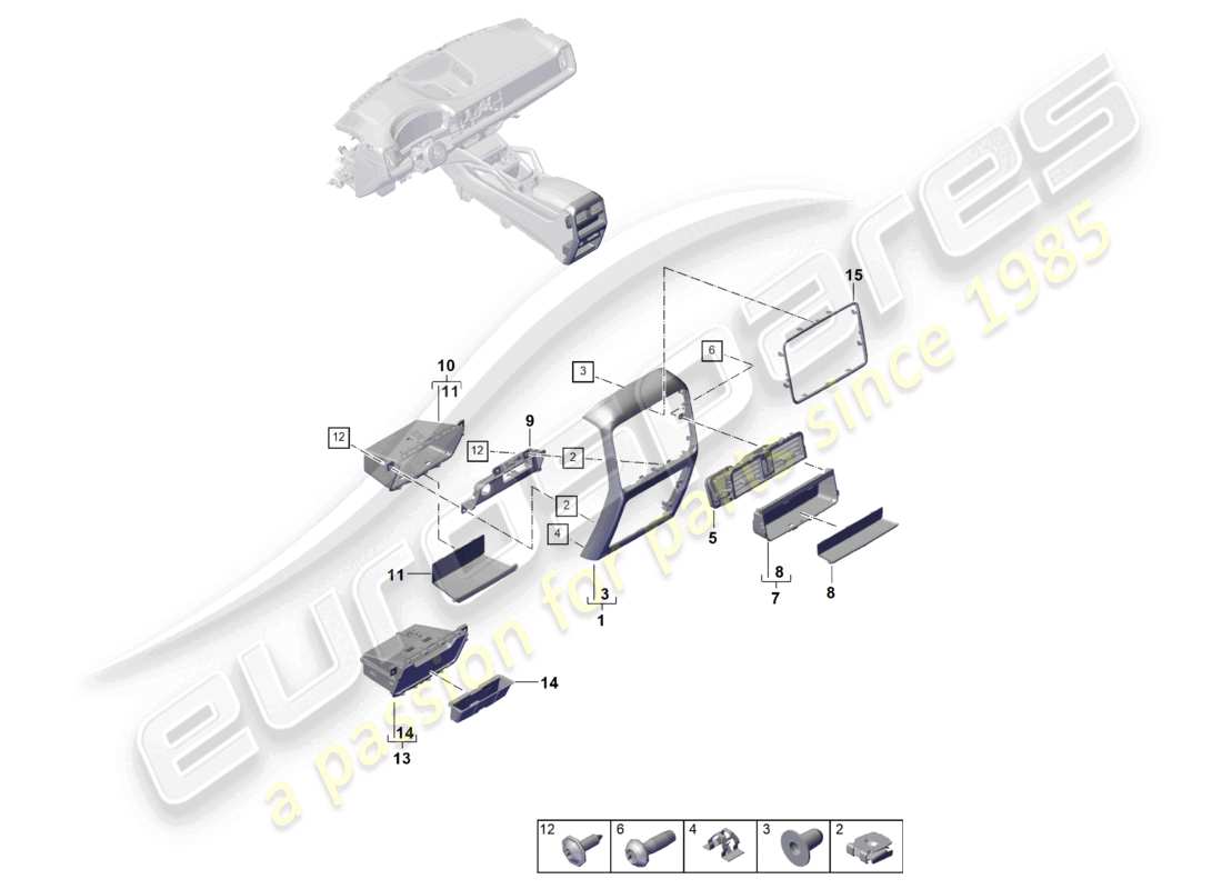 porsche 2024 (cayenne e3 pa) diagrama de piezas de la consola central trasera