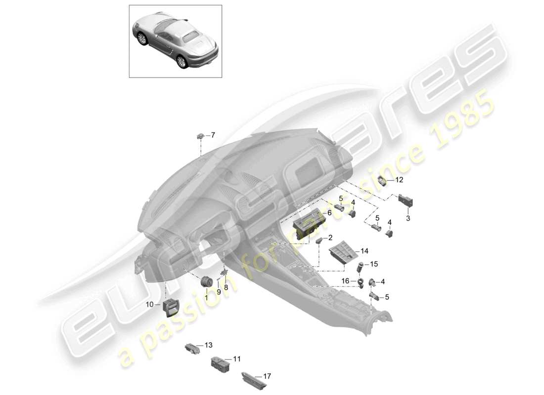 porsche 2022 (718 boxster) diagrama de piezas del panel de control del interruptor del aire acondicionado