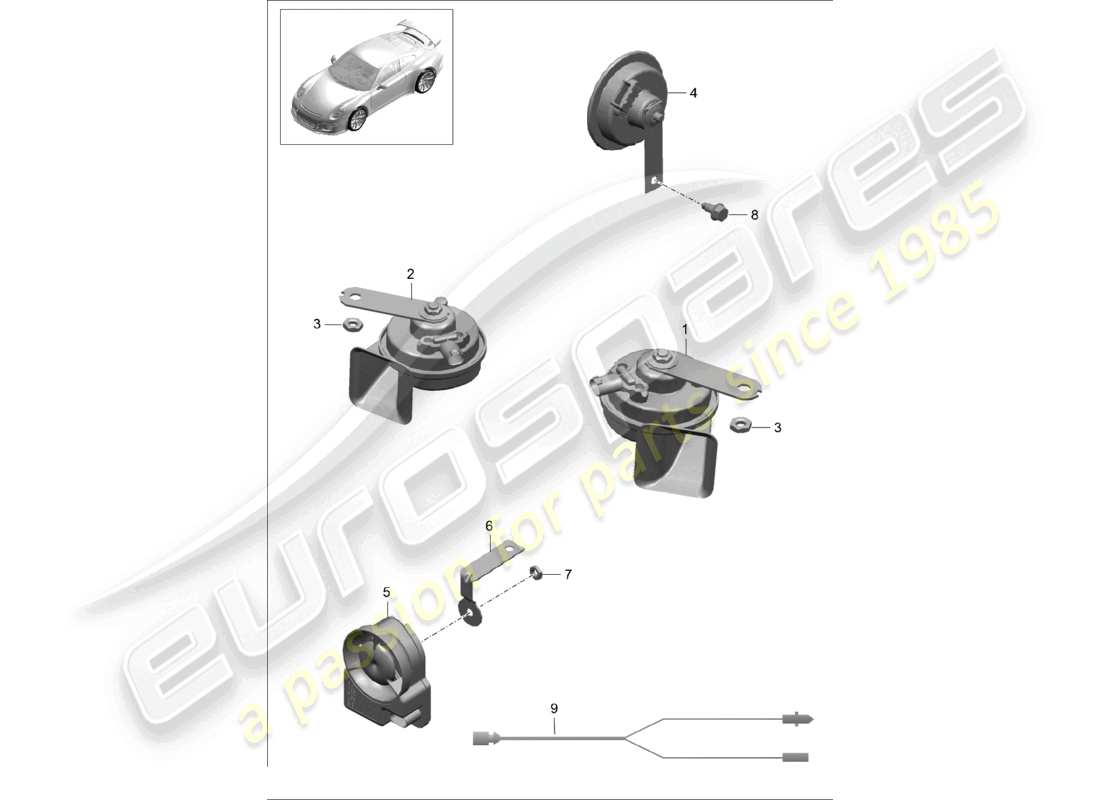 porsche 2021 (991-2 r/gt3/rs) diagrama de piezas del sistema de alarma con bocina de señal de fanfarria