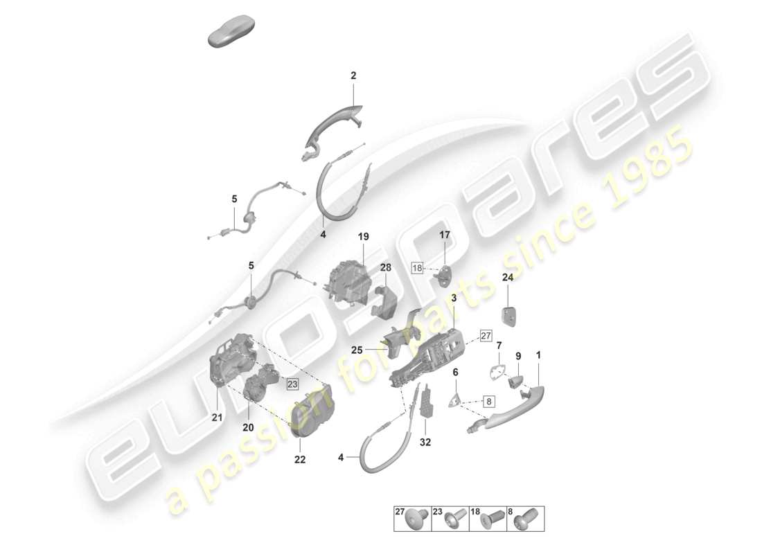 porsche 2023 (panamera 971-2) manija de la puerta, diagrama de piezas de la cerradura de la puerta trasera exterior