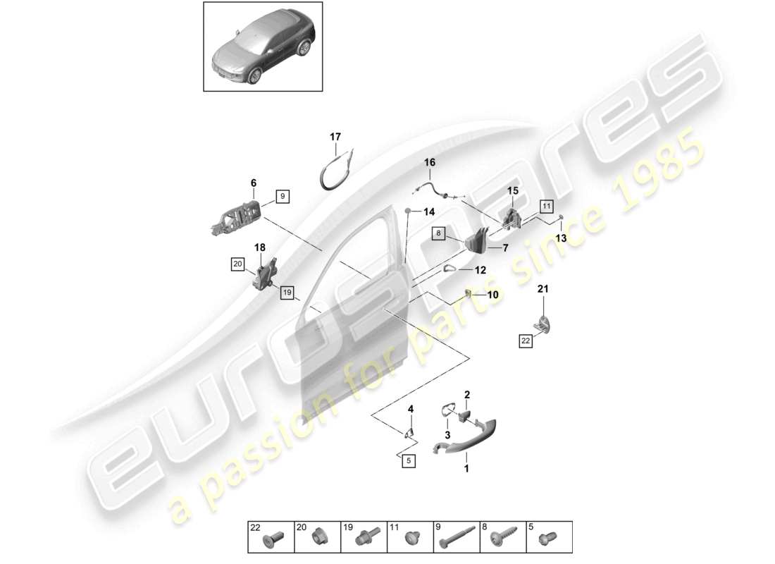 porsche 2022 (cayenne e3 9ya/9yb) manija de la puerta, cerradura de puerta delantera exterior diagrama de piezas del cupé