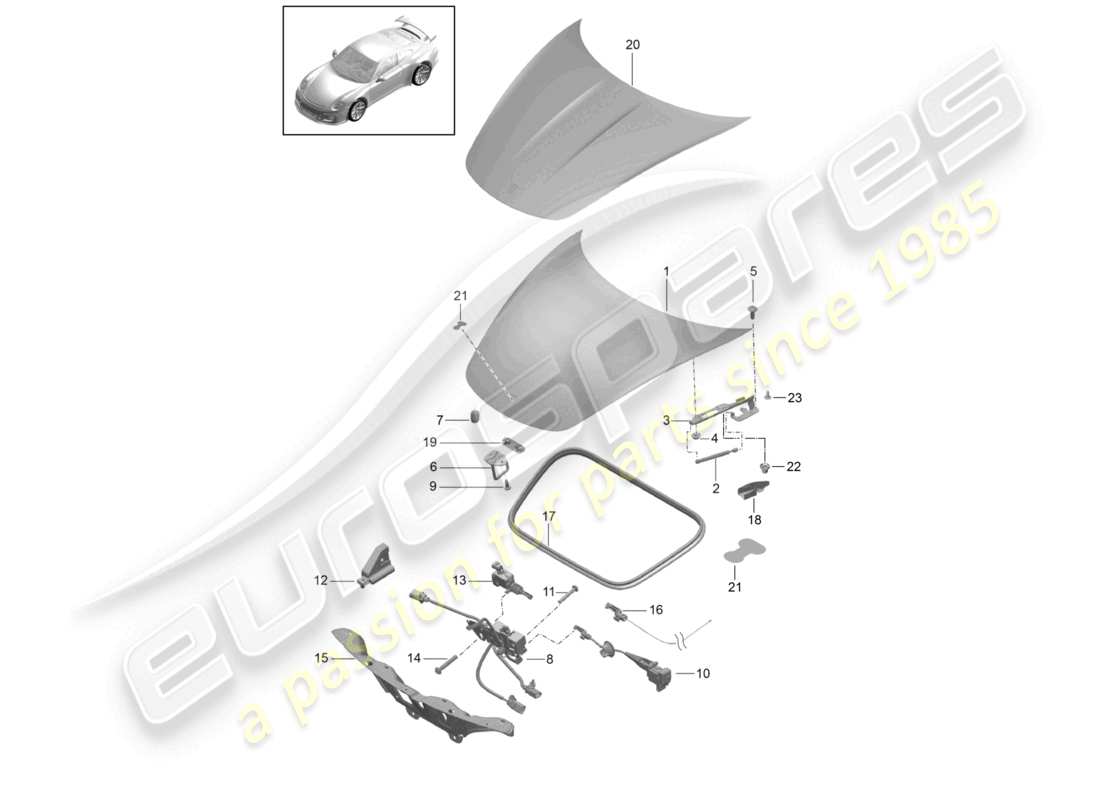 porsche 2021 (991-2 r/gt3/rs) diagrama de piezas de la cubierta frontal