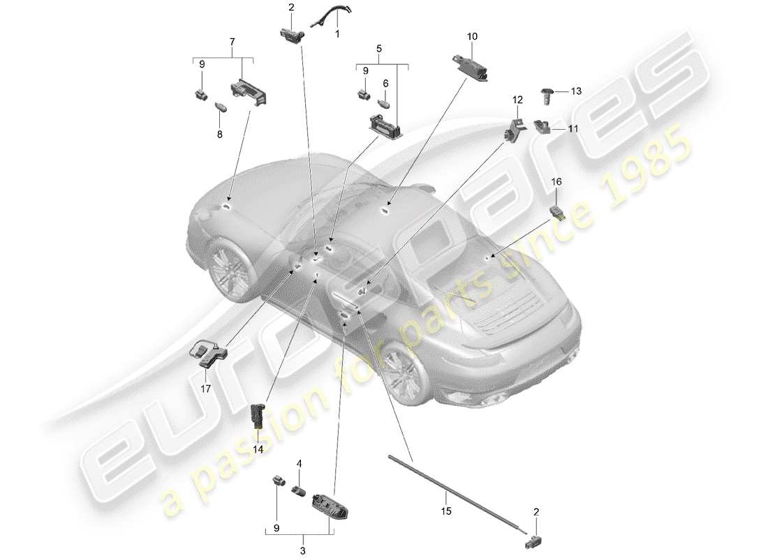 porsche 991 turbo (2018) diagrama de piezas de luz interior