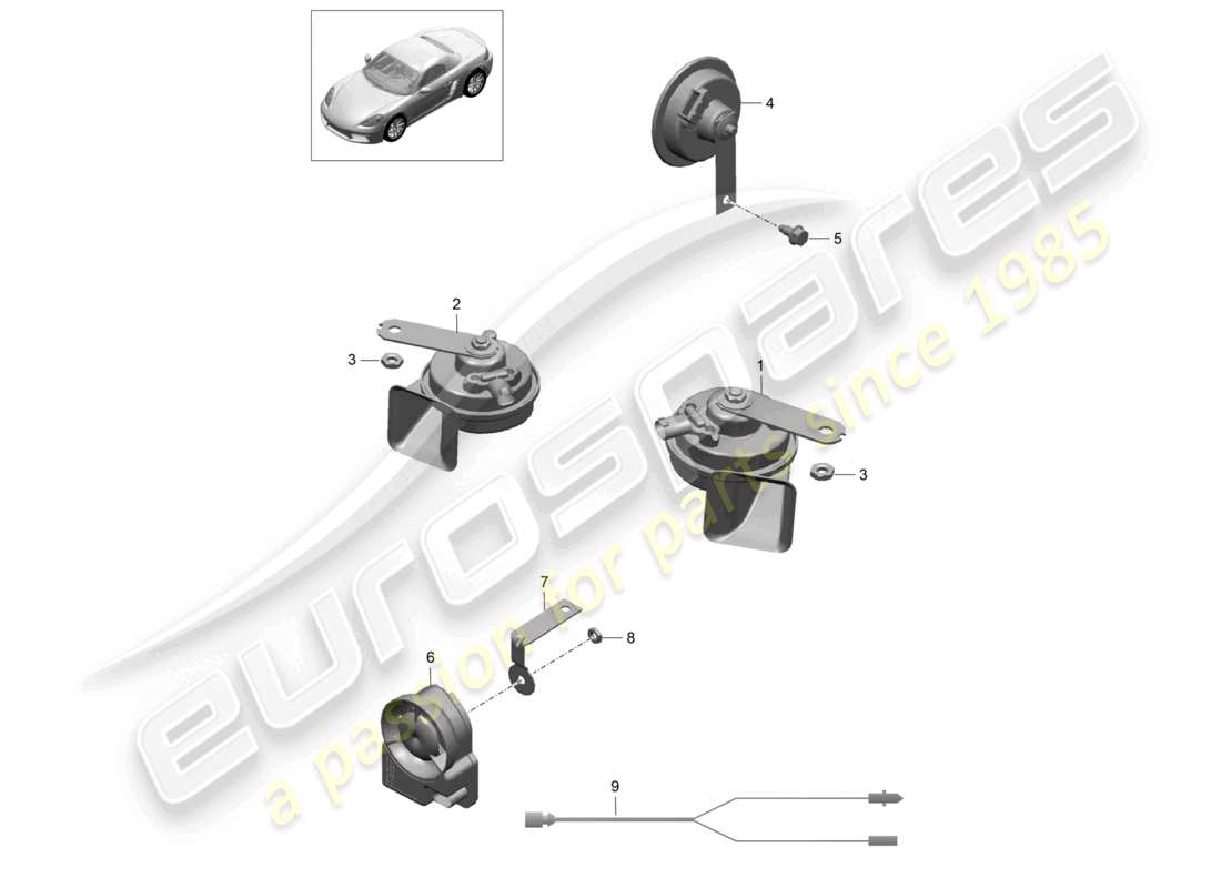 porsche 2024 (718 boxster) diagrama de piezas del sistema de alarma con bocina de señal de fanfarria