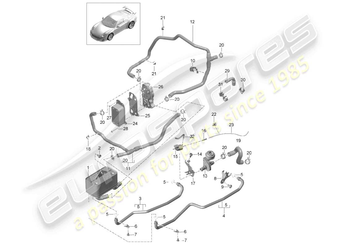 porsche 2021 (991-2 r/gt3/rs) - pdk - diagrama de piezas del tubo de aceite del intercambiador de calor de la caja de cambios tubo de agua