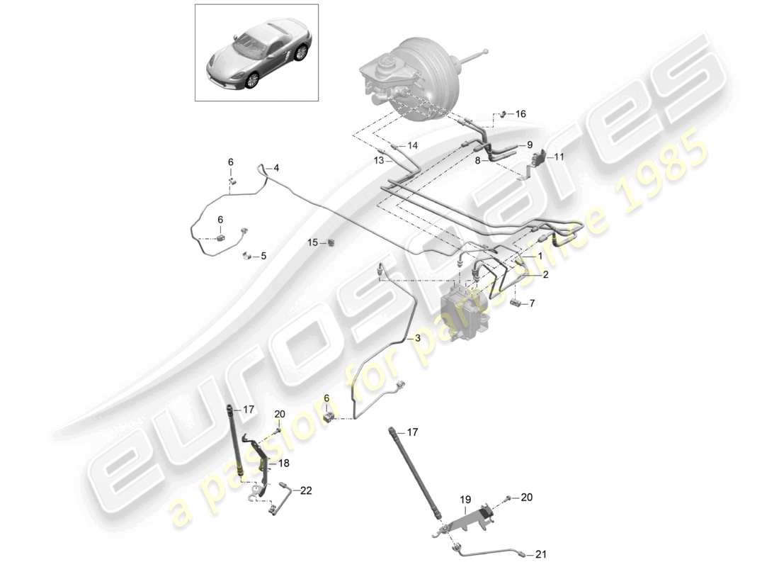 porsche 2021 (718 boxster) diagrama de piezas de la línea de freno delantera