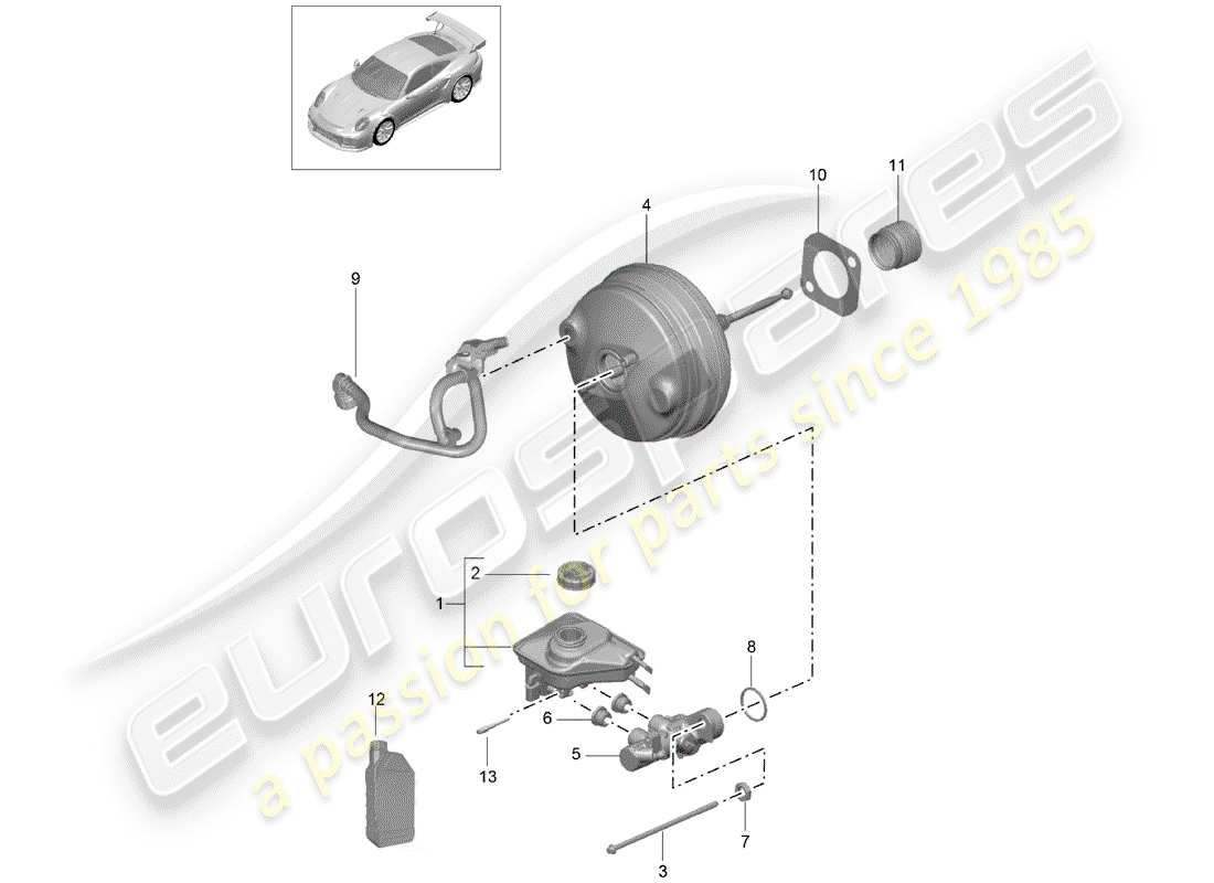 porsche 991 turbo (2018) diagrama de piezas del cilindro maestro de freno