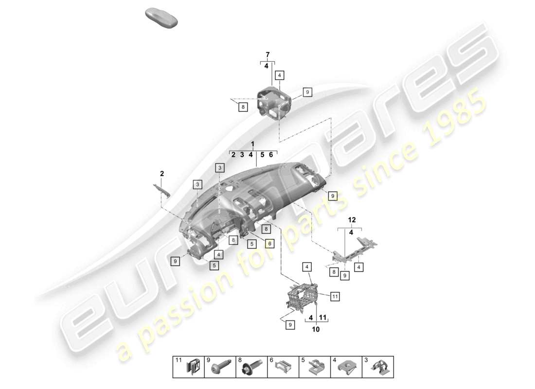 porsche 2021 (718 cayman gt4) moldura del panel de instrumentos parte superior con: sujetadores diagrama de piezas