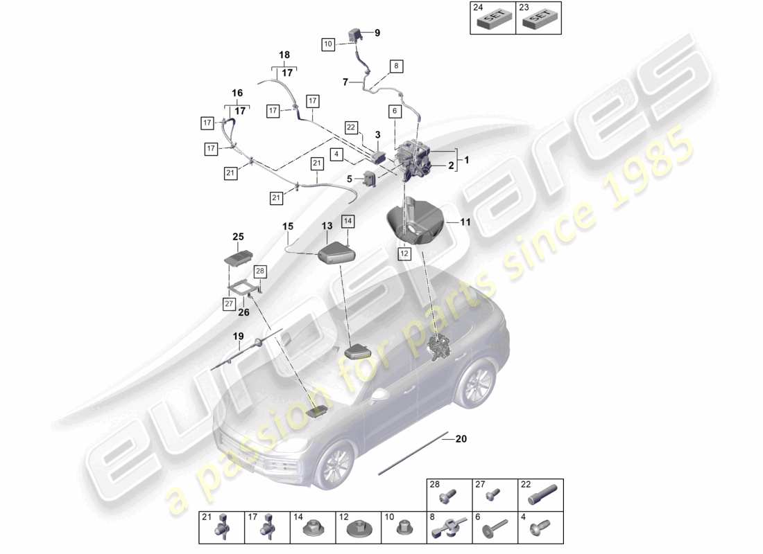 porsche 2025 (cayenne e3 pa) suspensión neumática unidad de suministro de aire acumulador de presión unidad de control de amortiguación regulada electrónicamente diagrama de piezas