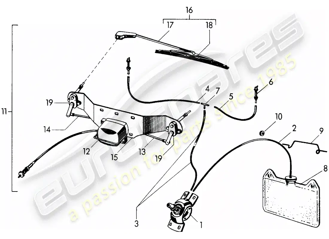 porsche 1958 (356/356a) unidad de arandela de parabrisas - sistema de limpiaparabrisas diagrama de piezas