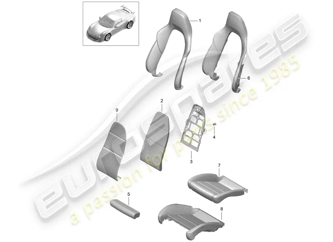 porsche 2017 (991-2 r/gt3/rs) parte de espuma diagrama de piezas
